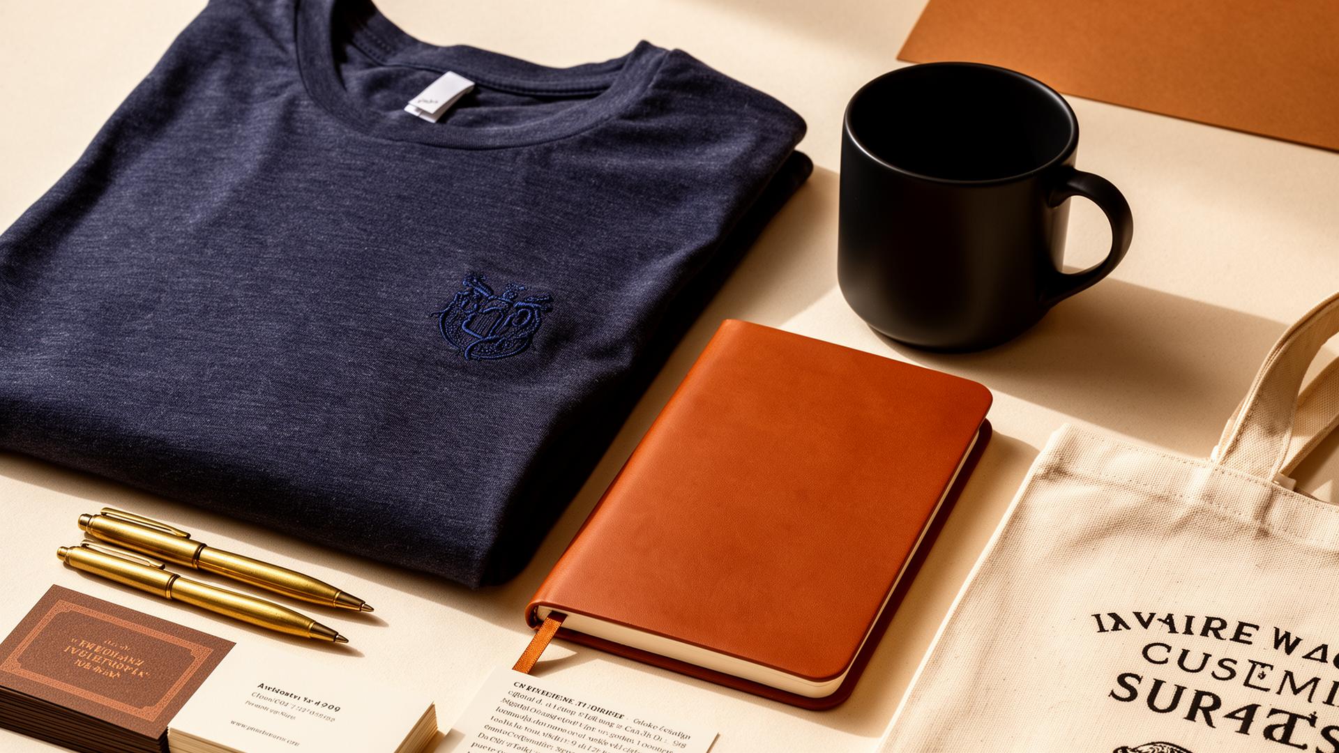 Curated promotional products: navy embroidered t-shirt, matte black mug, leather notebook, brass pens and letterpress business cards